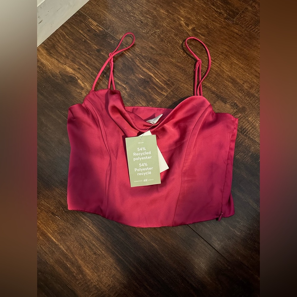 Pink strapped crop top, satin feel, drooped neck